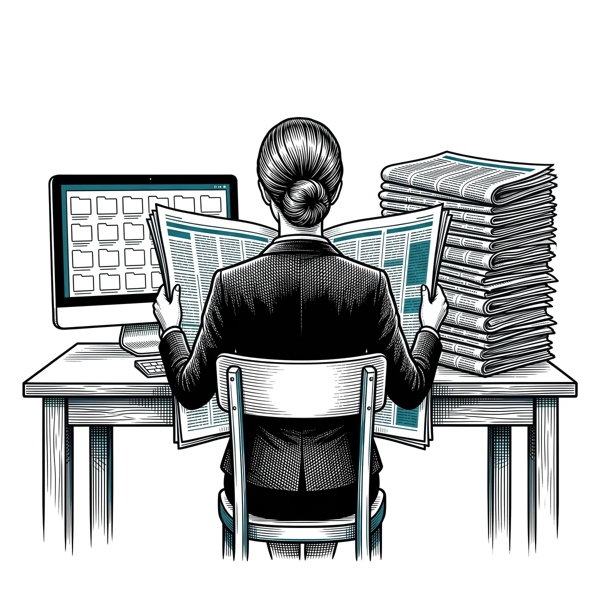 Tekening: Kelly, de nieuwsagent, op de rug aan een bureau met kranten en een scherm