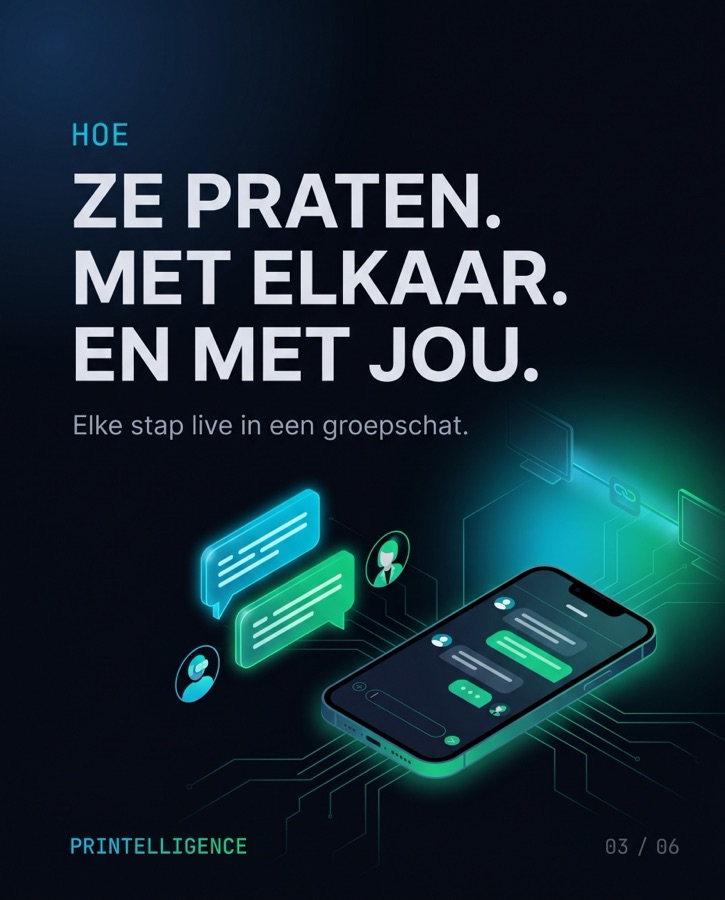 Slide 3 van de carrousel: Ze praten met elkaar en met jou: elke stap live in een groepschat