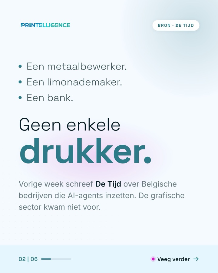 Slide 2 van de carrousel: Een metaalbewerker, een limonademaker, een bank. Geen enkele drukker