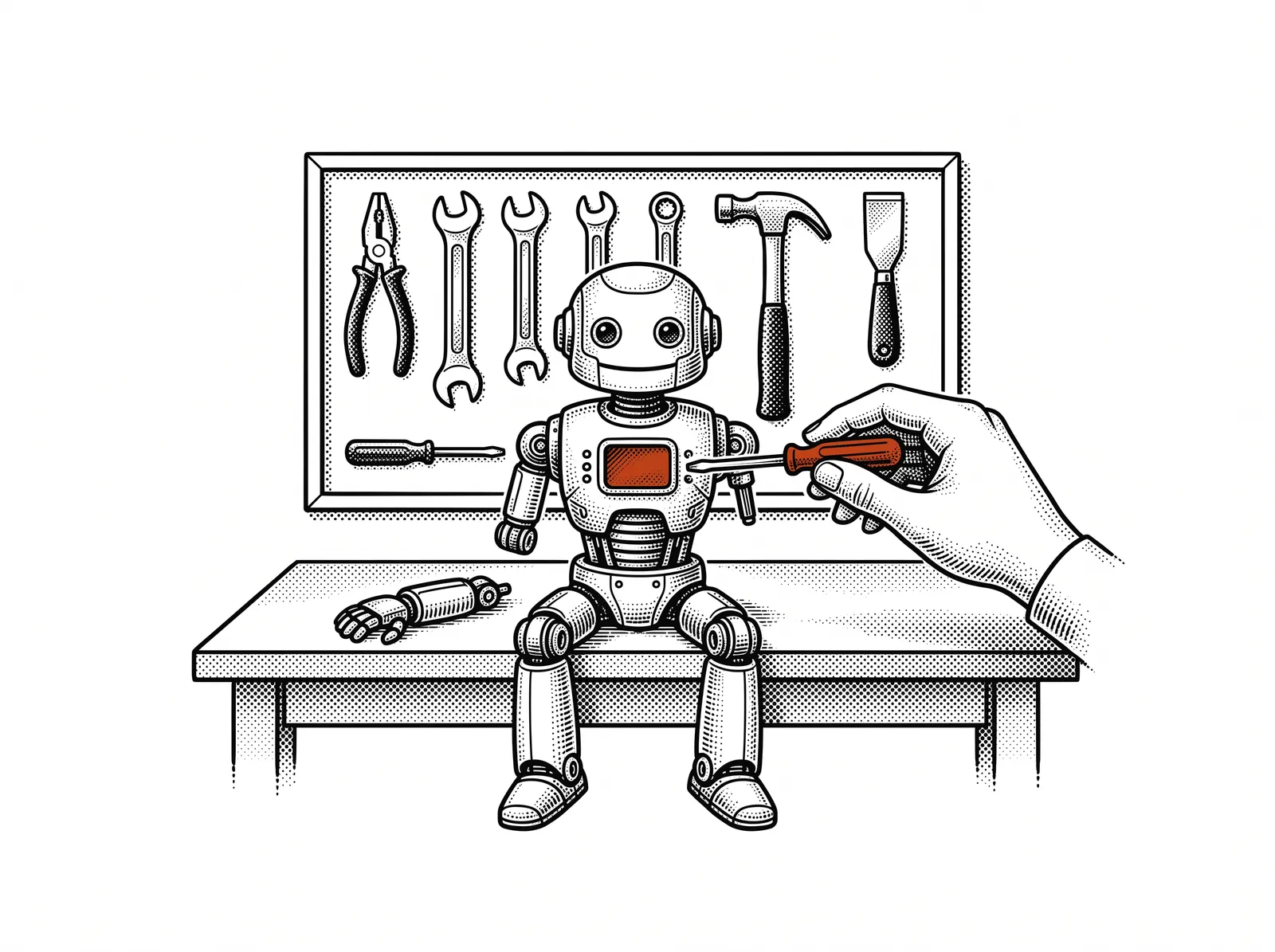Inkttekening: iemand bouwt aan een werkbank een kleine agent in elkaar