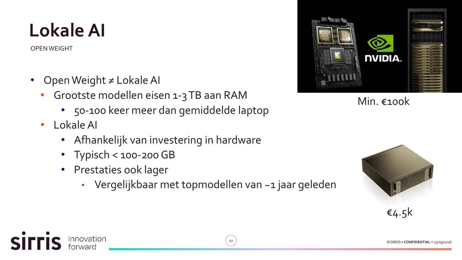 Slide: open-weight is niet hetzelfde als lokale AI. De grootste modellen eisen 1 tot 3 terabyte RAM, lokale AI blijft meestal onder 100 tot 200 gigabyte.